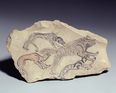 Ostracon depicting a dog chasing a hyena by New Kingdom Egyptian